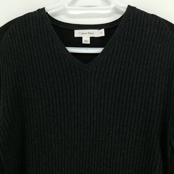 Calvin Klein Sweater Women's Large Raised Strip V Neck Long Sleeved Cotton Black - Picture 3 of 10